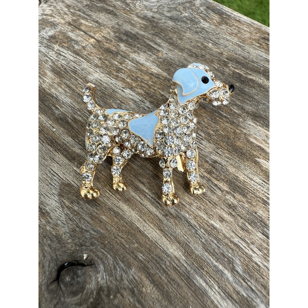 Cute Dog Pup Animal Brooch Pin Black & Blue Enamel Crystal Goldtone Dalmatian